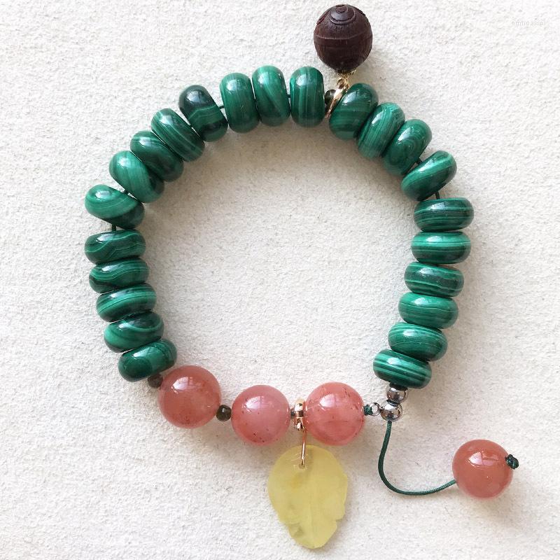 

Strand Authentic Malachite Natural Stone Bracelet Wheel Beads South Red Crystal With Yellow Leaf Pendant Bracelets For Women Jewelry