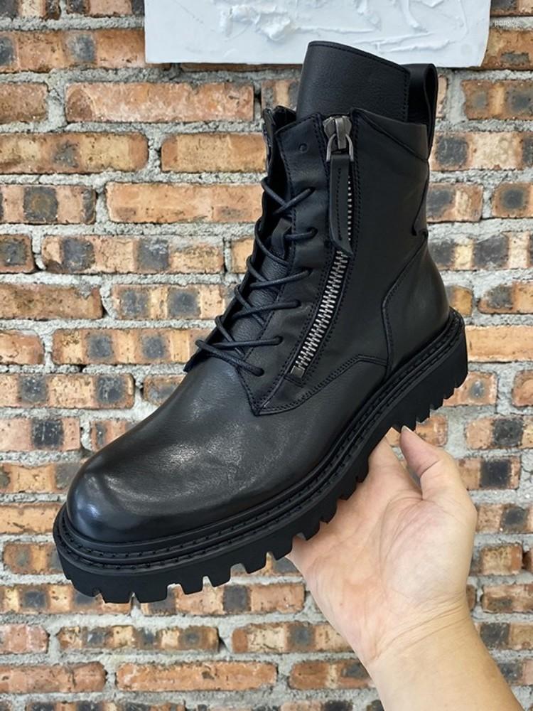 

Boots Punk Motorcycle Mens Cowhide Genuine Leather High Top Shoes Gothic Platform Lace Up Fashion Work Cargo Short, Black