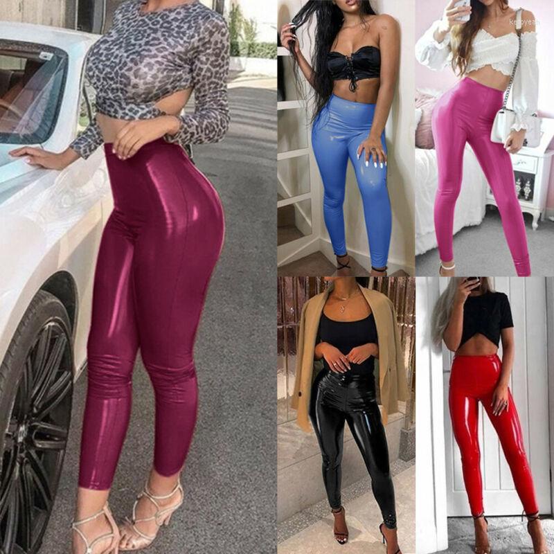 

Women' Pants Womens Ladies Fashion Pu Leather High Waist Pencil Stretch Trousers Streetwear Clubwear Blue Black Wine Red Pink