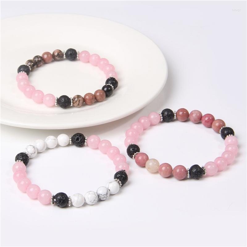 

Strand Women Bracelet Rose Pink Crystal Quartzs Lava Spacer Natural Stone Bracelets For Men Cute Jewelry Elastic Cord Pulserase