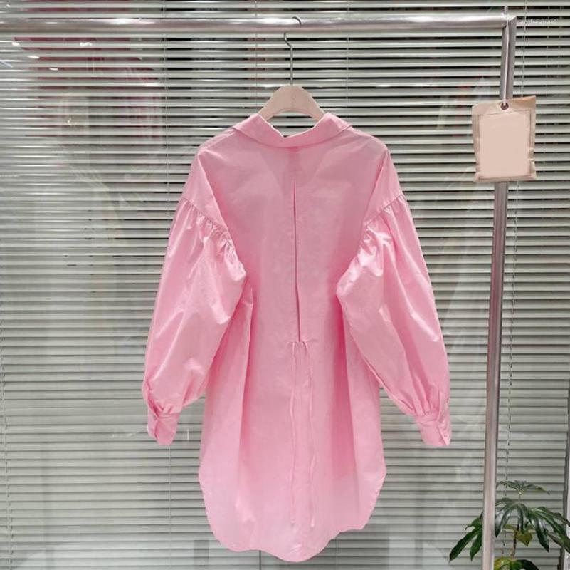 

Women' Blouses VANOVICH Korean Japan Style Fashion Loose Solid Color Lapel Drawstring Open Back Mid-length Shirt 2022 Spring And Autumn, Pink