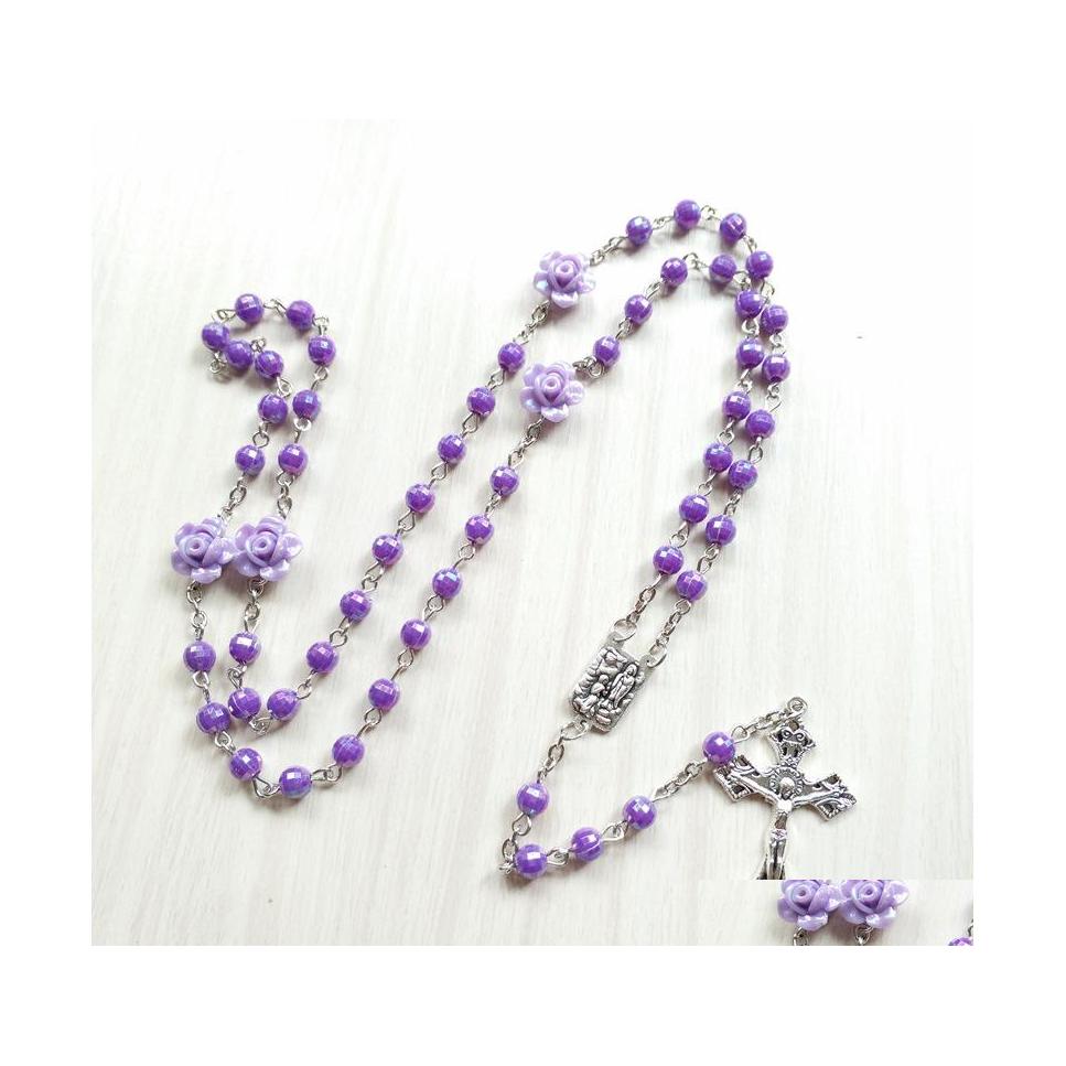 

Pendant Necklaces Catholic Acrylic Round Beads Rose Rosary Necklace For Women Religious Prayer Jewelry Drop Delivery Necklaces Pendan Dh4Un