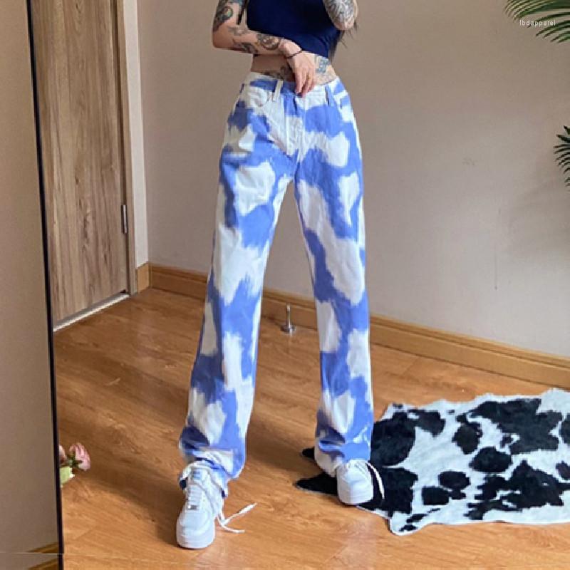 

Women' Jeans Fashion Tie-Dye High Waist Women Ladies Straight-leg Trousers 2022 Stylish Dating Streetwear Fit Denim Pants, Blue
