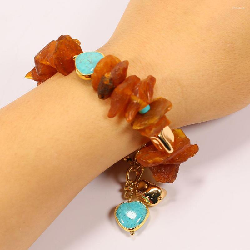 

Strand GuaiGuai Jewelry Real Amber Rough Blue Turquoises Heart Gold Plated Beads Charms Bracelet 8'' For Lady Simple Gift