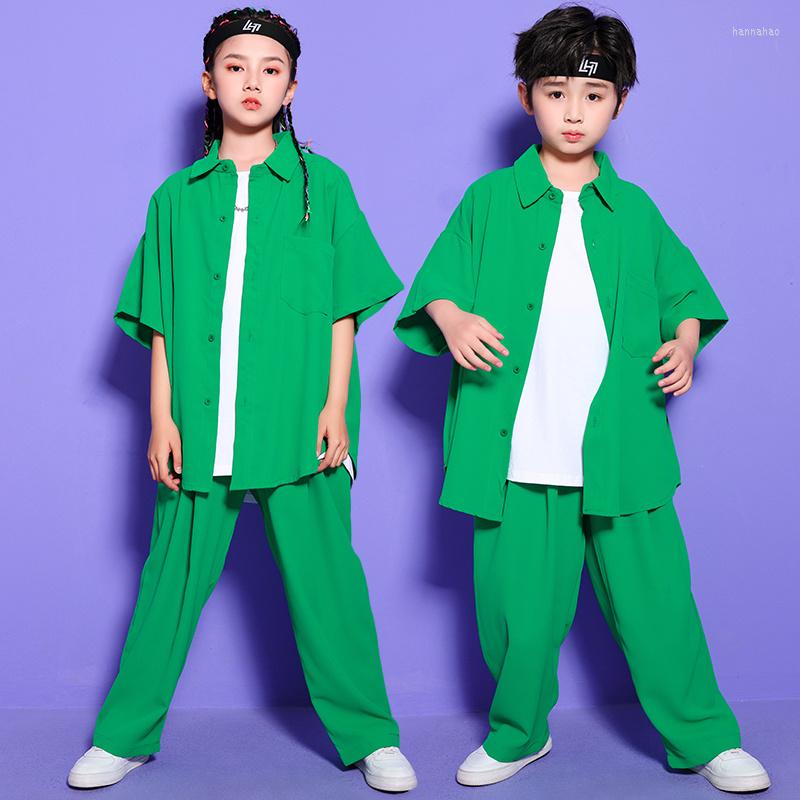 

Stage Wear Kids Recital Hip Hop Outfits Show Clothing Green Shirt Tops Streetwear Baggy Pants Girl Boy Jazz Dance Costume Clothes, White vest