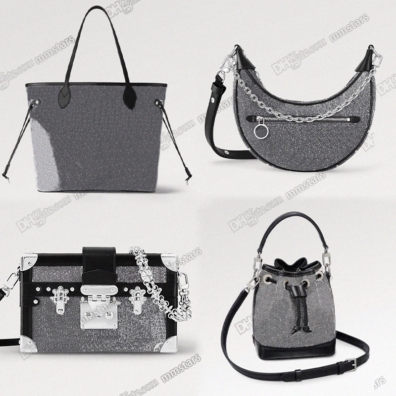 

Cruise 2023 Series Bags Gray Jacquard Denim Leather Trim Dauphine Onthego MM Totes Silver Hardware Side Trunk Chain Handbag Zipper Closure Shoulder Bag