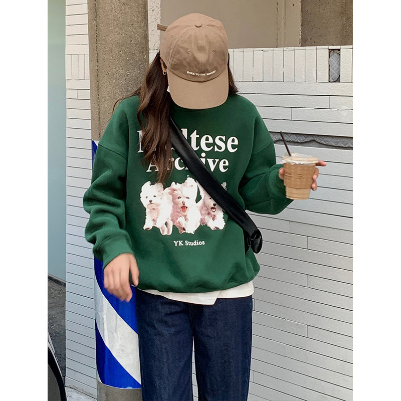 

Cartoon with Velvet Women' Hoodies Sweatshirts The New Korean Edition of The Autumn/Winter 2022 Loose Printed Round Neck Long Sleeve Thick Jacket, Aspic