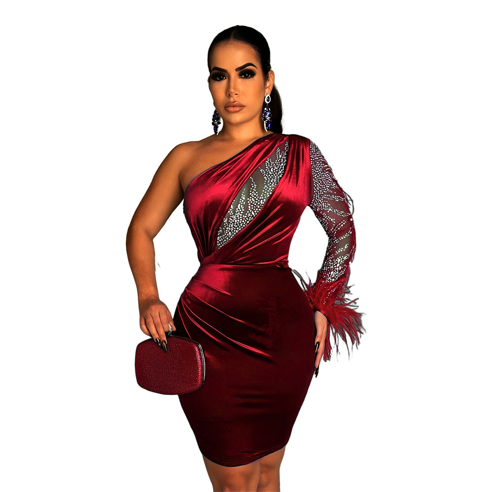

Women Party Dresses Sexy Hot Drilling Bodycon Glitter Sequin Elegant Dress One Shoulder Long Sleeve Club Night Dress, White