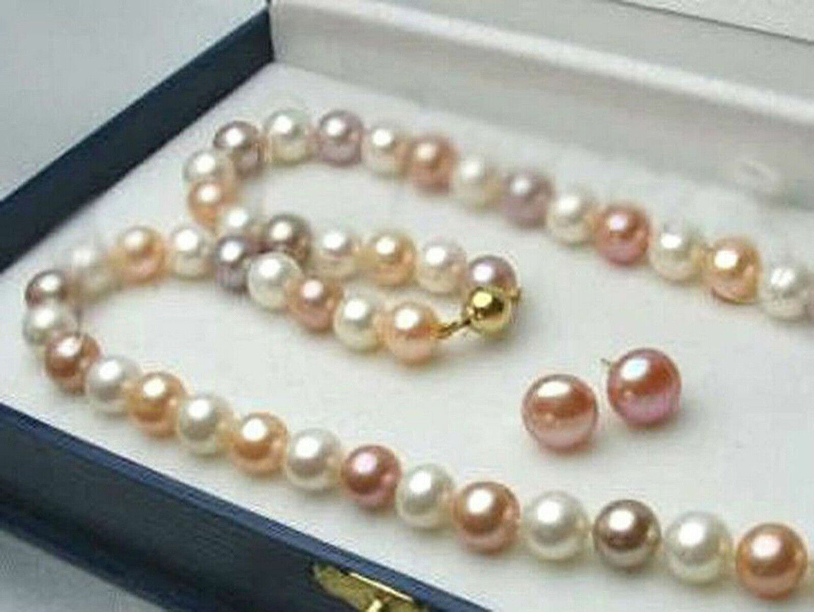 

8-9mm White Pink Purple Cultured Pearl Necklace Earrings Set 18"