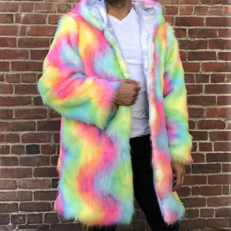 

Women' Fur 2022 Women Men Long Hoodie Rainbow Faux Coat Winter High Quality Thicking Warm Multicolor Leather Jacket Windbreaker, Men fur coat