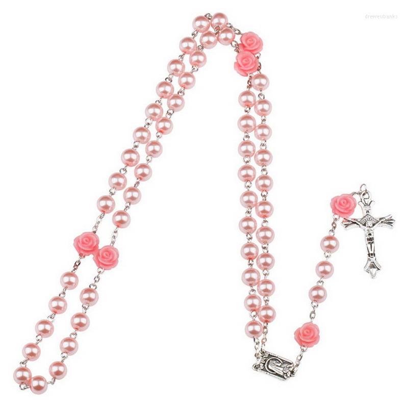 

Pendant Necklaces 2pcs Trendy 8mm Glass Imitation Pearl Bead Holy Rosaries Necklace With Rose Flower Silver Cross Lourdes Center Rosary