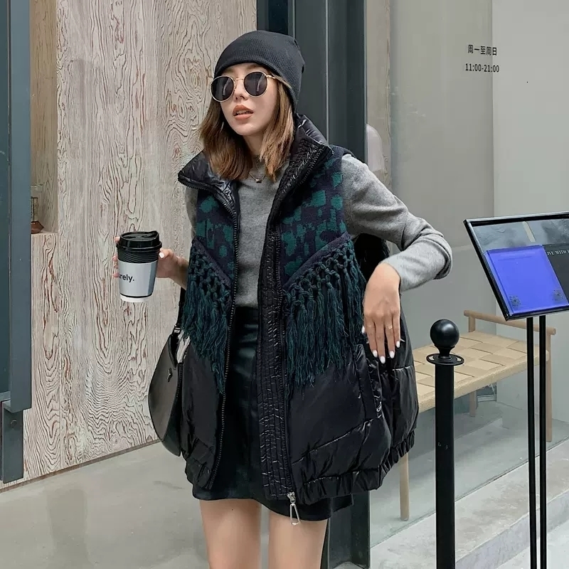 

Women's Vests Autumn Winter Down Cotton Vest Women MidLength Stand Up Collar Fringed Loose Jacket Casual Loose Waistcoat for Female 221202, Gray
