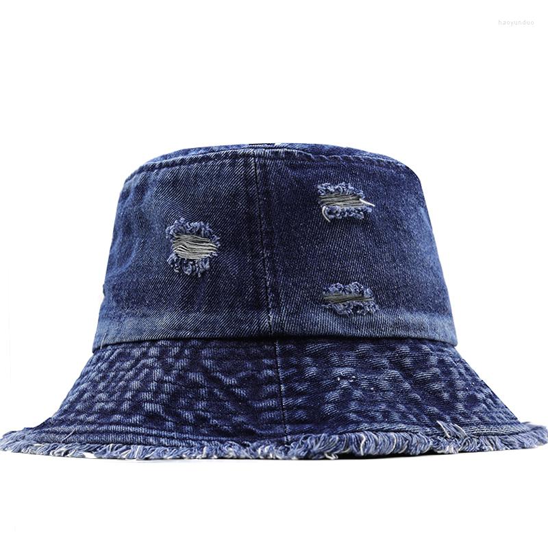 

Berets High Quality Tassel Washed Denim Bucket Hats Fashion For Women Wide Brim Foldable Panama Cap Girl Outdoor Beach Fisherman's Hat, 05