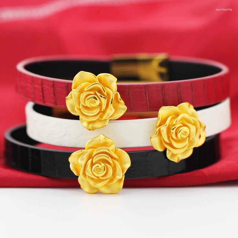 

Strand Pure 24K Yellow Gold Rose Flower Leather Bracelet 3D 999