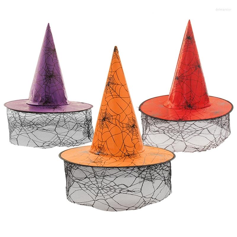 

Berets Adult Kids Witch Hats With Spider Web Veil Masquerade Wizard Hat Cosplay Costume Halloween Party Fancy Dress Decor, Orange
