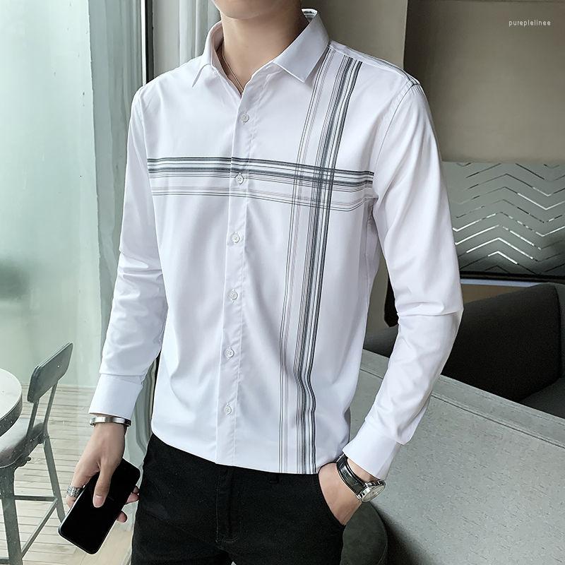 

Men's Casual Shirts 2022 Shirt Men's Korean Slim Long Sleeve Striped Print College Cotton The Listing Fashion Leisure Office Business, White