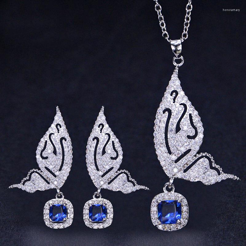 

Necklace Earrings Set Brand Fashion Butterfly Shape Ladies Jewelry 925 Sterling Silver CZ Blue Crystal And Sets, Picture shown