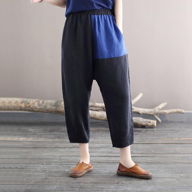 

Women's Pants Women Summer Elastic Waist Patchwork Linen Ladies Vintage Flax Harem Female 2022 Trousers