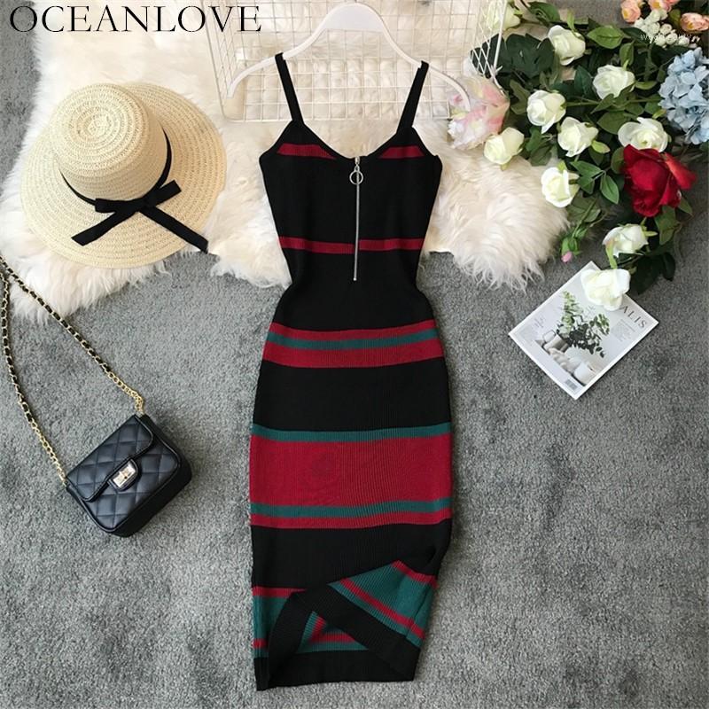 

Casual Dresses Sexy Dress Vintage Striped Bodycon Korean Zipper Vestido V-neck Knitting Stretch Midi Summer Women 12132, Yellow