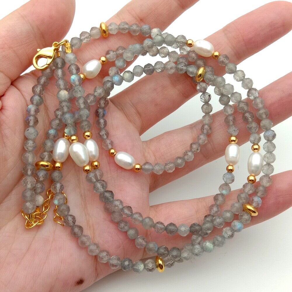 

Natural 2 rows faceted Labradorite Cultured white rice Pearl Necklace 17.5"