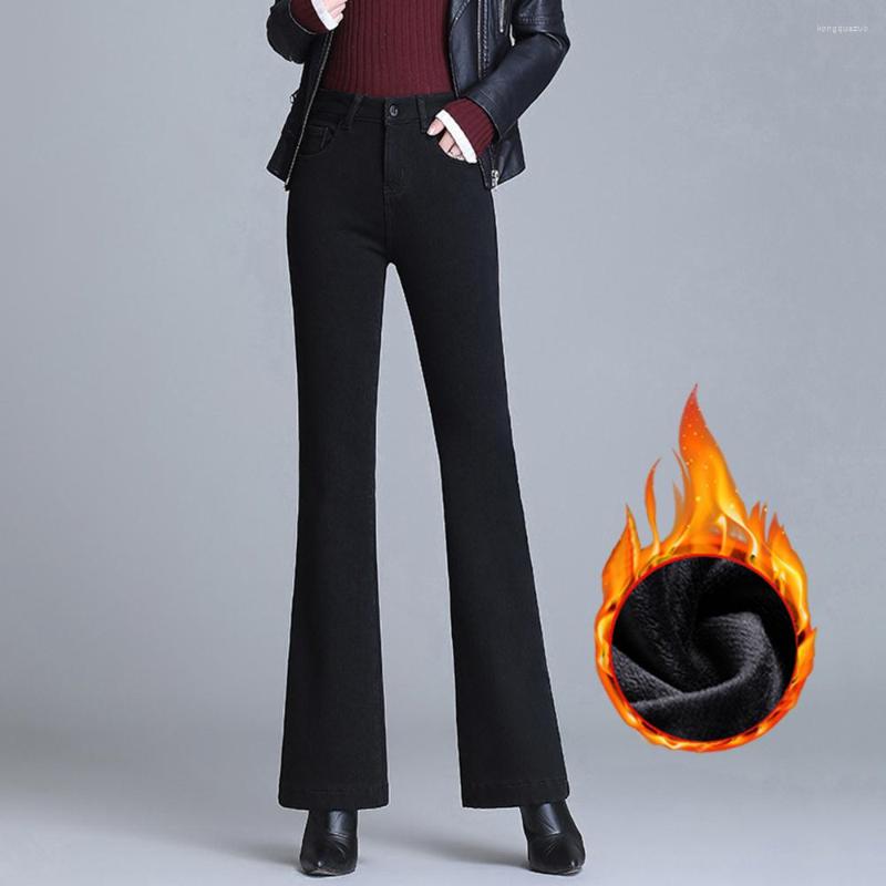 

Women's Jeans 2022 Winter High Waist Plush Women Warm And Thickened Korean Flare Elastic Black Blue Trousers