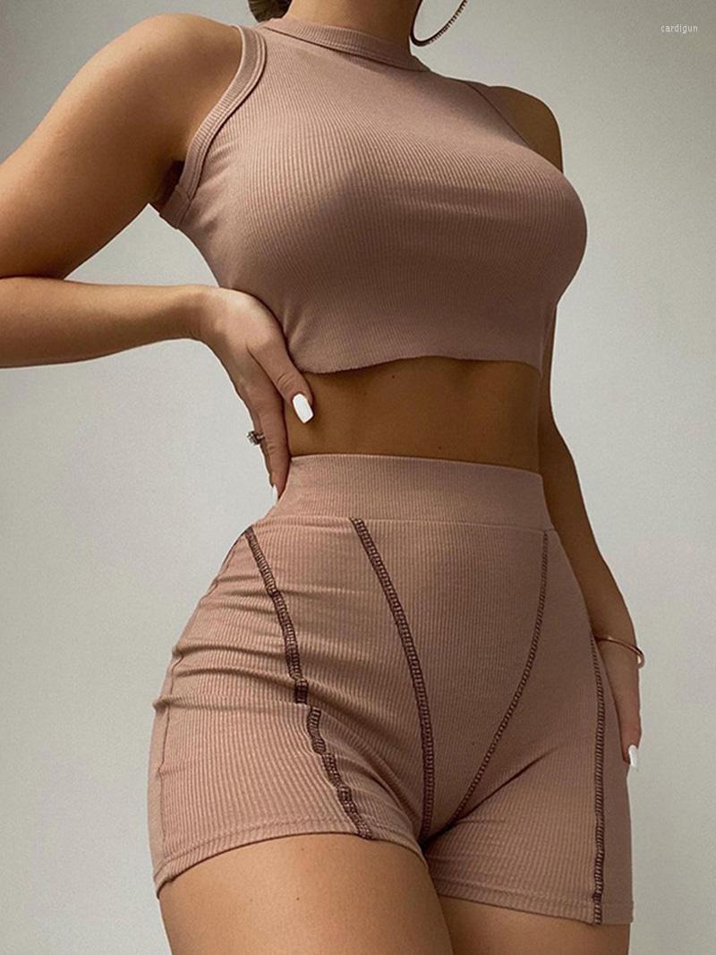 

Women' Tracksuits 2022 Summer Sexy Women Solid Knitted 2 Two Piece Shorts Set Spring Sleeveless O-neck Bodycon Sports Sets Tracksuit Female, White