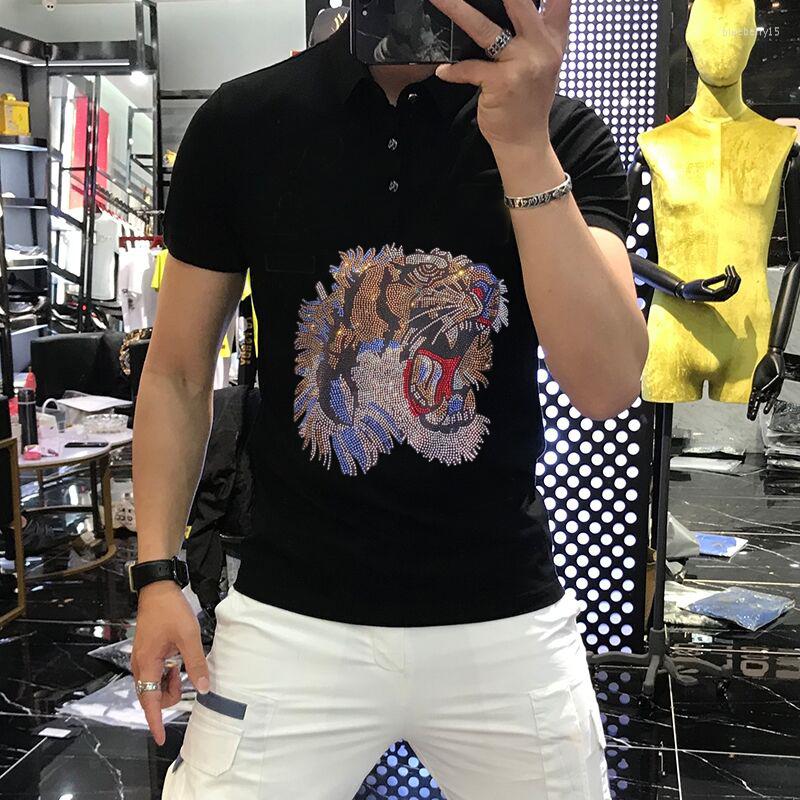 

Men's Polos Summer Harajuku T-Shirt Black And White Diamond Tiger Loose Sweatshirt Breathable Cotton Business Polo, As shown asian size