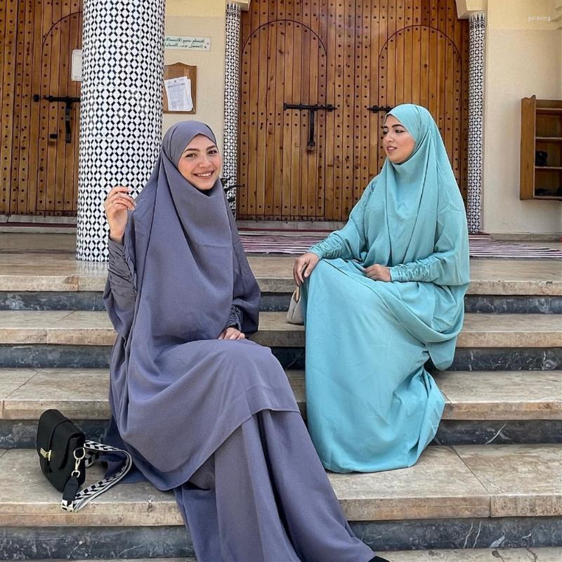 

Ethnic Clothing Eid Hooded Muslim Women Abaya 2 Piece Jilbab Ruched Sleeve Long Khimar Nida Hijab Dress Prayer Garment Ramadan Abayas Skirt