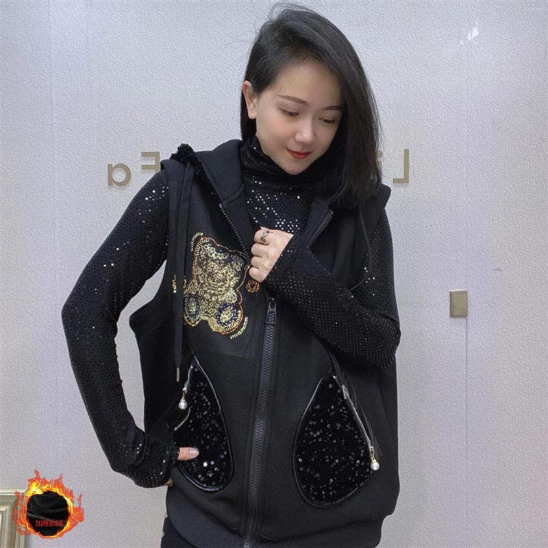 

Women's Vests Cartoon Sparkling Sleeveless Coat Women Winter Fleece Waistcoat Plus Size Hooded Vest Tops Ropa De Invierno Para Mujer, Black