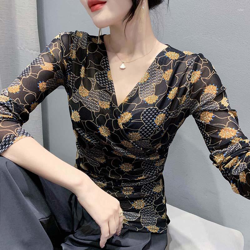 

Women's T Shirts Fashion Autumn Long-sleeved Printed Tops Slim Women T-shirt Casual Mesh Shirt Blusa, Ph