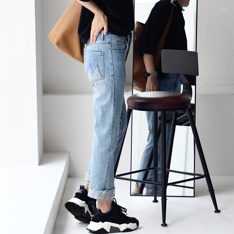 

Women' Jeans MICOCO N0708C Korean Version Of The Old Comfortable Stretch Slim Nine Straight Tube Wool Edge, Blue