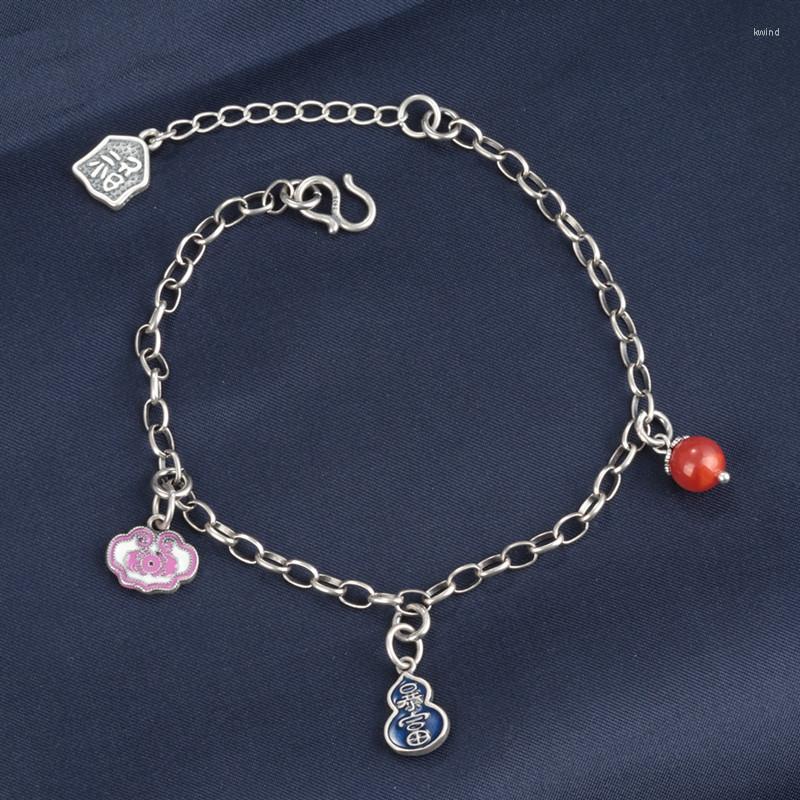 

Anklets Ethnic 925 Sterling Silver Enamel Gourd Ruyi Charm Foot Chain Anklet Retro Handmade DIY Agate Ankle Bracelet Jewelry JL013