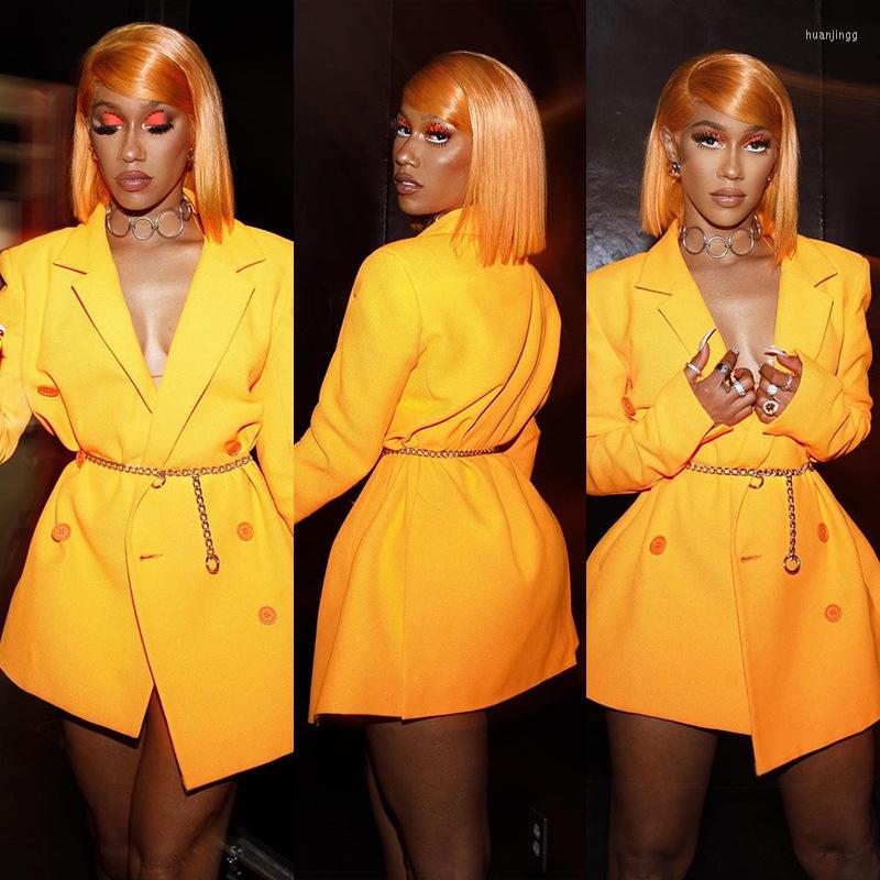 

Women' Suits Yellow Double Breasted Streetwear Blazer Coat Women Notched Collar Long Sleeve Slim Jackets Fashion Female Party Club, Gold yellow
