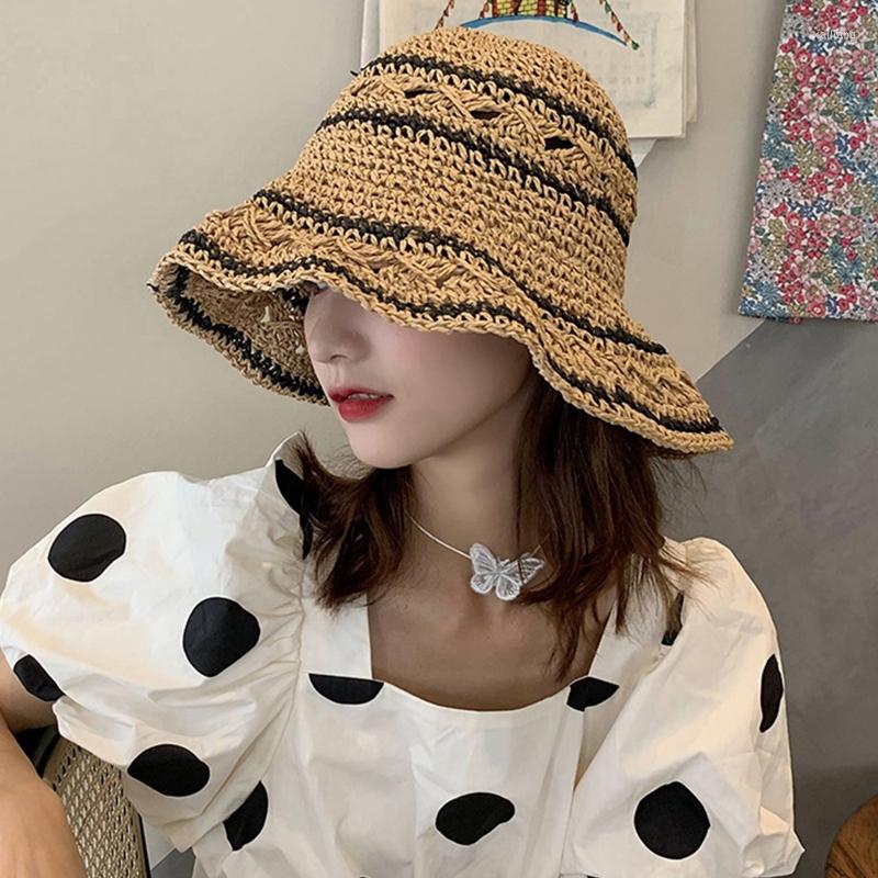

Berets Women's Color Matching Wide Brim Crochet Bucket Hat Summer Spring Foldable Fisherman Cap Vacation Gifts For Girlfriend, Beige