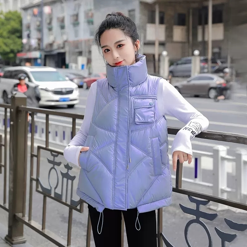 

Women's Vests Bright Shiny Women Winter Jacket Stand Collar Cotton padded Fashion Waistcoat Sleeveless Jacket Warm 221202, Black