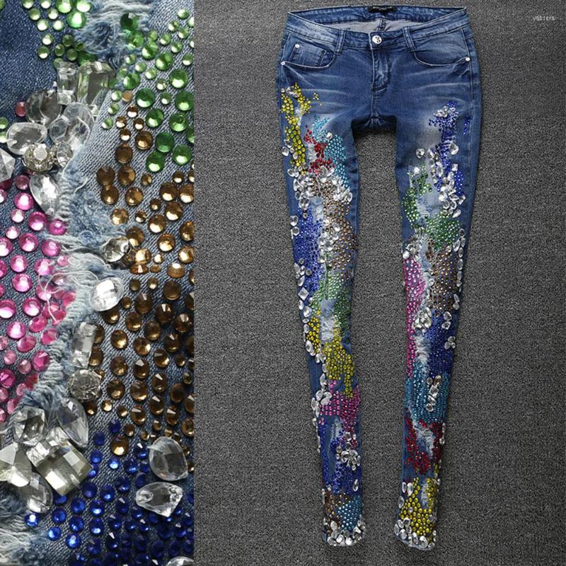 

Women's Jeans 2022 Spring Fashion Women Luxury Colored Rhinestones Diamond Denim Stretch Pencil Skinny, Blue