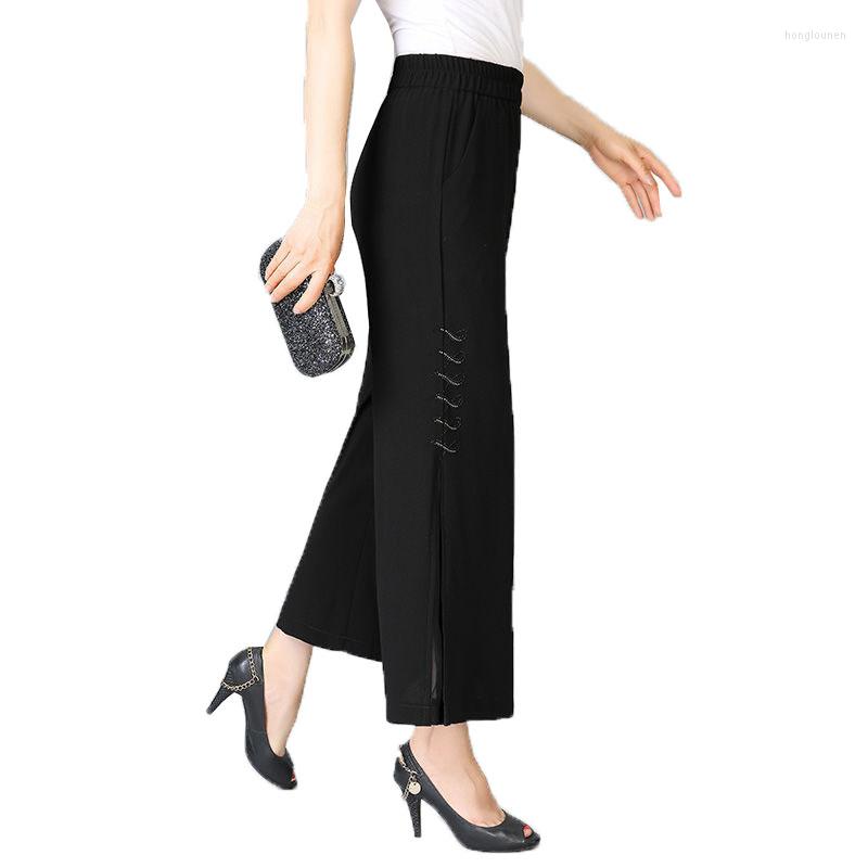 

Women's Pants 2022 Women Trousers Spring Summer Thin Black Wide Leg High Waist 5XL Loose Nine Points Chiffon Mother
