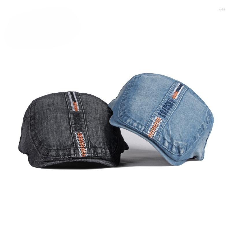 

Berets Spring Summer And Autumn Thin Washed Denim Beret Cap Men's British Personalized Embroidery Seam Ivy Sboy Flat Hat Adjustable, Black