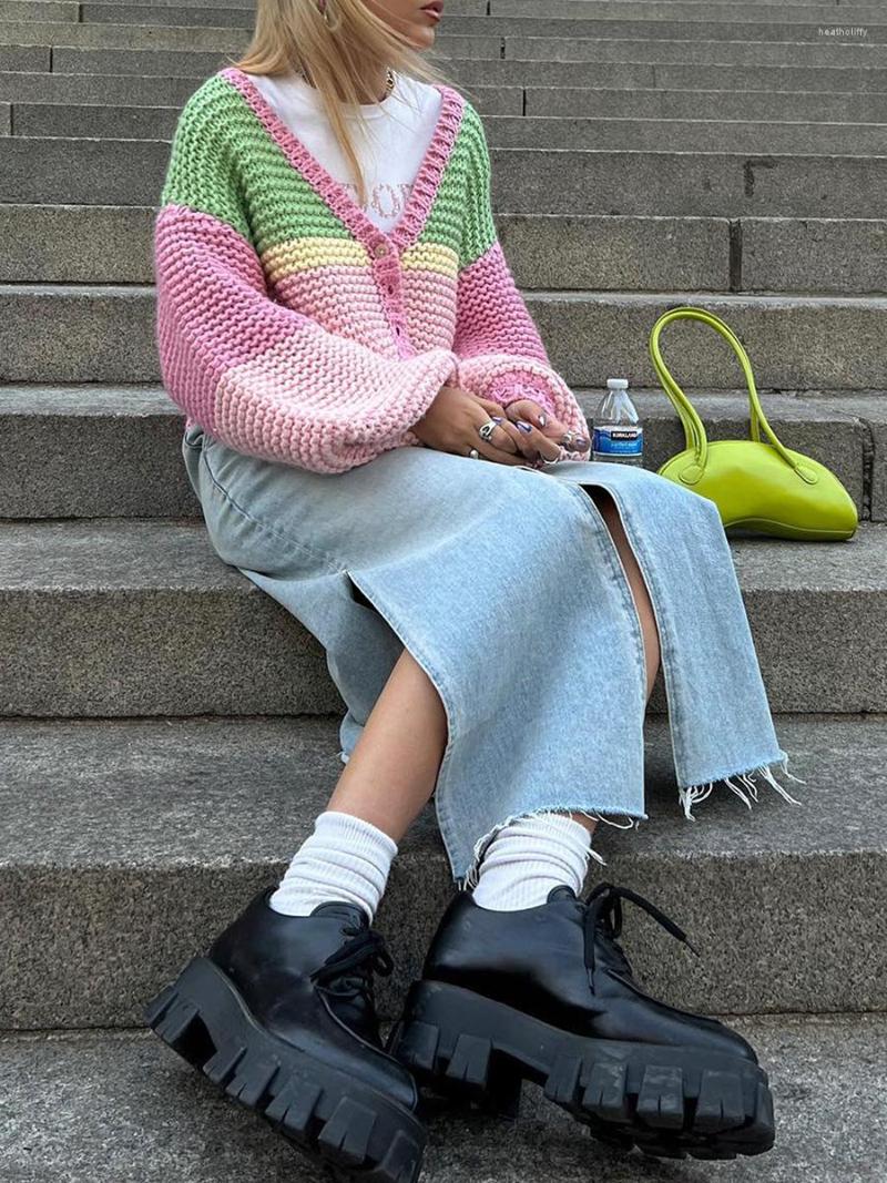 

Women' Knits Women' Autumn Cropped Cardigan Contrast V-Neck Long Panel Puff Cuff Button Ladies Sweater Jacket Pink Green, Picture shown