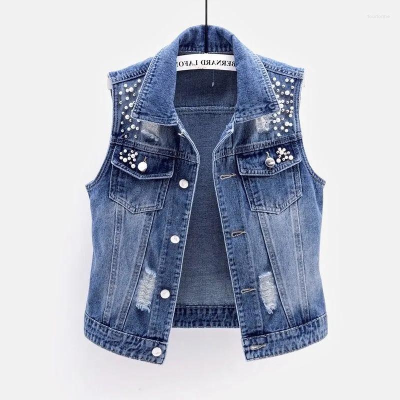 

Women' Vests Denim Women Vest Luxury Pearls Fashion Ripped Autumn Plus Size Jeans Jacket Sleeveless Loose Short Coat Causal, Blue