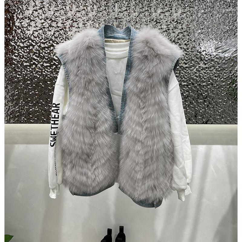 

Women's Vests 2022 Winter Female Fur Vest Coat Warm White Black Gray Jacket Large Size Sleeveless, Beige