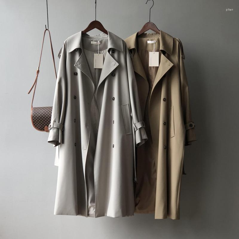 

Women's Trench Coats Ladies Fashion Women Medium Long Coat Style Thin Streetwear British Leisure Loose Belt Solid Color Button Pocket, Gray