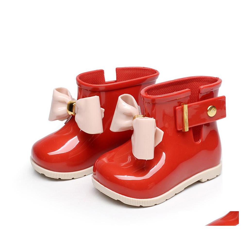 

Boots Kids Designer Shoes Girls Mini Melissa Baby Bows Jelly Rain Boots Nonslip Princess Short Children Water Drop Delivery Accessori Dht2U, Black