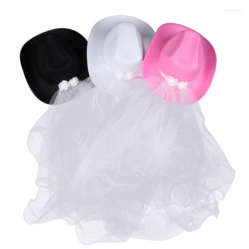

Berets 1Pcs Bridal Party Pearl Veil Cowboy Hat Cowgirl And Western Style Novelty Perfect Bachelorette Parties Supplies, Black