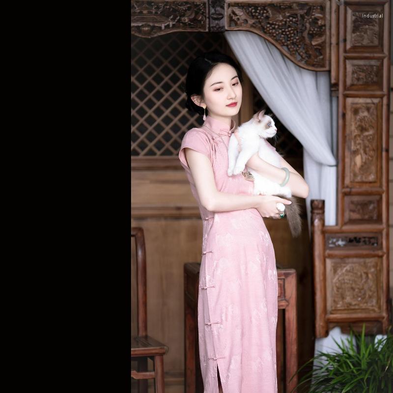 

Ethnic Clothing Summer Elegant Pink Stand Collar Jacquard Short Sleeved Cheongsam Dress Chinese Traditional Qipao Plus Size For Women 3xl