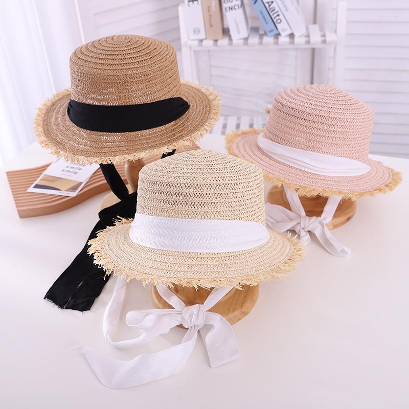 

Hats Summer Child Cirls Raffia Straw Hat Kids Flat Brim Outdoor Beach 'Cap With Ribbon Breathable Round Top Fedora, Beige