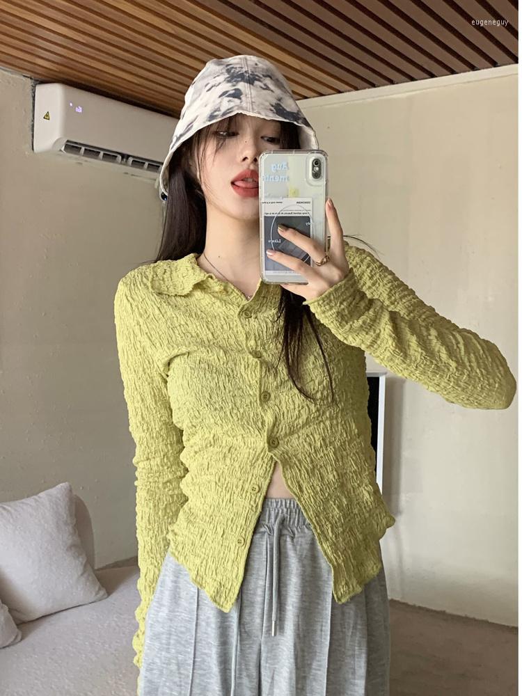 

Women' Blouses Harajuku Solid Blouse Pleated Design Long Sleeve Shirts For Women Streetwear Y2k Style Blusas Button Up Tops 2022 Spring, Green