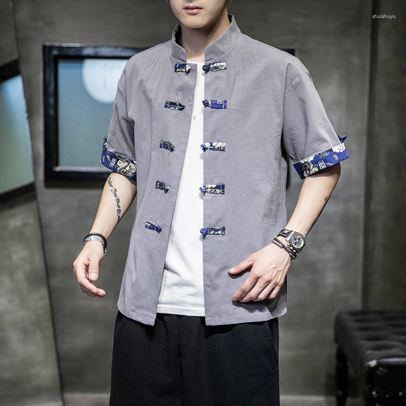 

Men's Casual Shirts 2022 Summer Chinese Style Shirt Men Short Sleeve Mandarin Collar Cardigan Large Size Loose Traditional Hanfu, Black