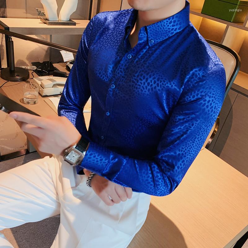 

Men's Casual Shirts Luxury Silk Men Long Sleeve Business Dress Clothing Social Party Tuxedo Blouse Camisa Masculina M-4XL, Blue