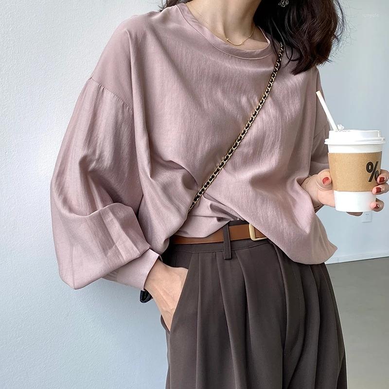 

Women's Blouses Korean Loose Solid Blouse Women 2022 Autumn Elastic Hem Pullover Long Sleeve, Pink